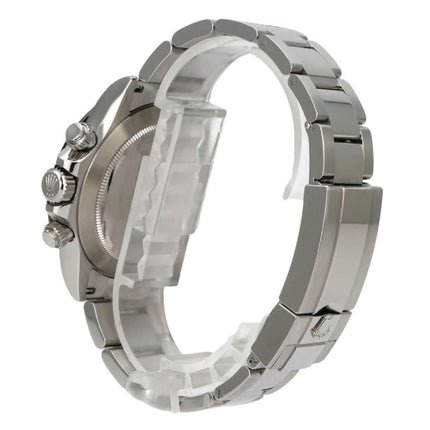 Rolex Daytona Edelstahl 116500LN Schwarz seitliche Ansicht des Gehäuses und Armbands aus Edelstahl in polierter Ausführung.