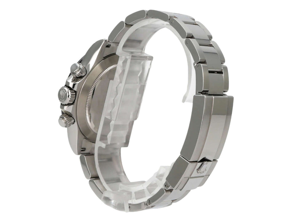 Rolex Daytona Edelstahl 116500LN Schwarz seitliche Ansicht des Gehäuses und Armbands aus Edelstahl in polierter Ausführung.