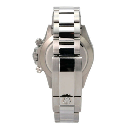 Detailansicht des Rolex Daytona Edelstahl 116500LN Schwarz Armbands mit Sicherheitsfaltschließe.