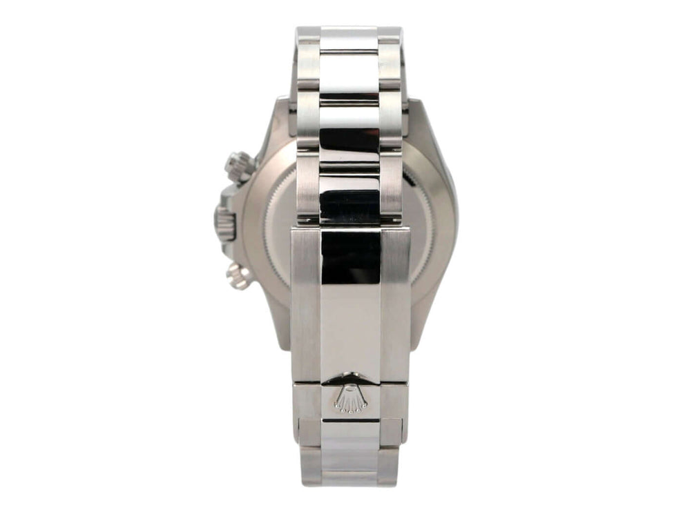 Detailansicht des Rolex Daytona Edelstahl 116500LN Schwarz Armbands mit Sicherheitsfaltschließe.