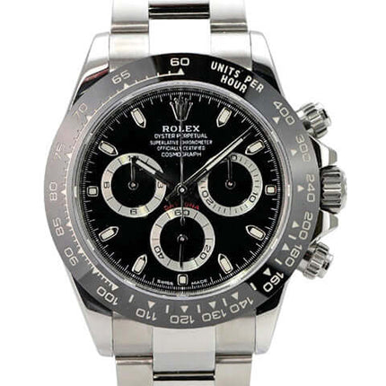Rolex Daytona Edelstahl 116500LN Schwarz mit schwarzem Zifferblatt und Edelstahlarmband, detailreiche Ansicht.