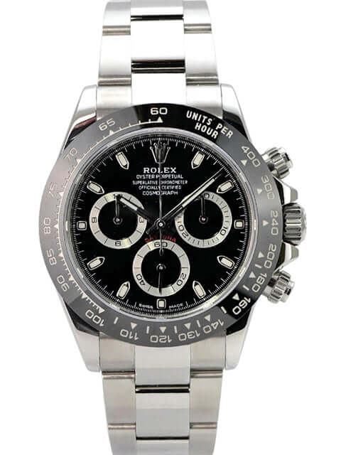 Rolex Daytona Edelstahl 116500LN Schwarz mit schwarzem Zifferblatt und Edelstahlarmband, detailreiche Ansicht.