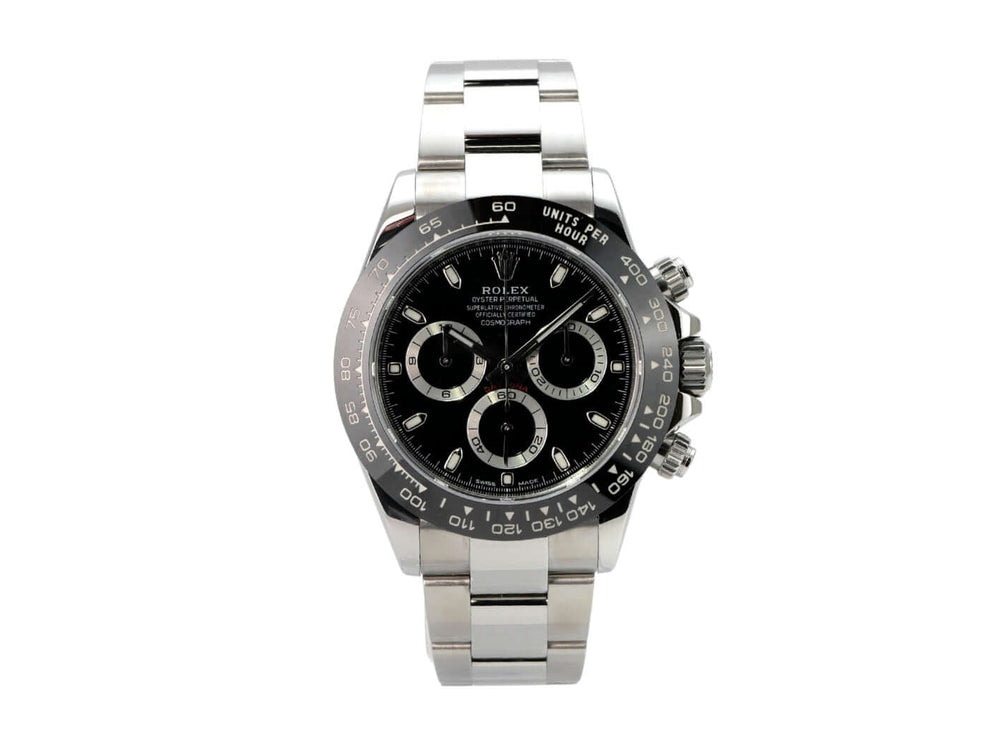 Rolex Daytona Edelstahl 116500LN Schwarz - elegante Uhr mit schwarzem Zifferblatt und poliertem Edelstahlarmband.