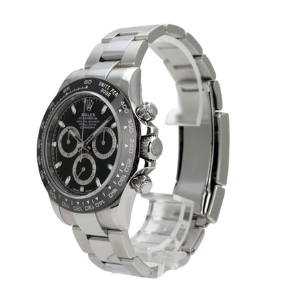 Rolex Daytona Edelstahl 116500LN Schwarz mit poliertem und satiniertem Armband, schwarzem Zifferblatt und Keramik-Lünette.