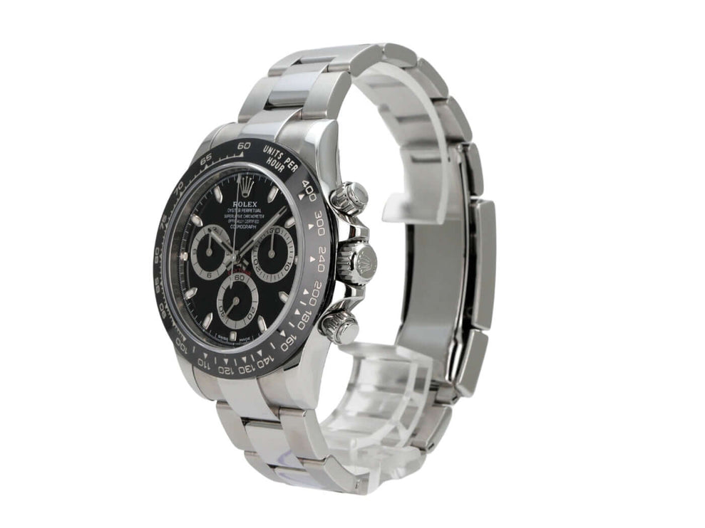 Rolex Daytona Edelstahl 116500LN Schwarz mit poliertem und satiniertem Armband, schwarzem Zifferblatt und Keramik-Lünette.