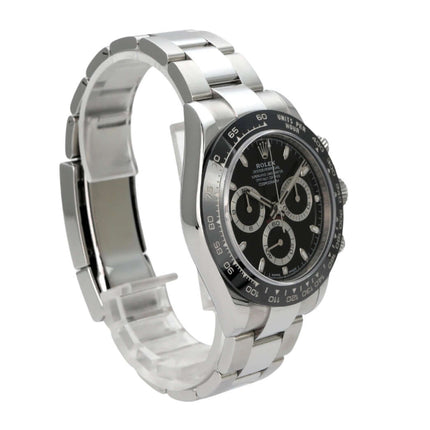Rolex Daytona Edelstahl 116500LN Schwarz mit Keramiklünette und schwarzem Zifferblatt auf Edelstahlarmband.