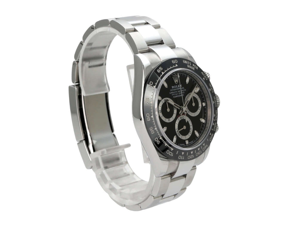Rolex Daytona Edelstahl 116500LN Schwarz mit Keramiklünette und schwarzem Zifferblatt auf Edelstahlarmband.