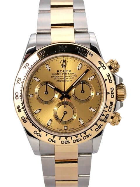 Rolex Daytona Edelstahl Gelbgold 116503 Champagner Uhr mit champagnerfarbenem Zifferblatt und Edelstahl-Gold-Armband.