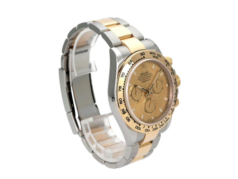 Rolex Daytona Edelstahl Gelbgold 116503 Champagner, 40 mm Edelstahl-Gehäuse, 18 kt Gelbgold-Lünette und champagnerfarbenes Zifferblatt.