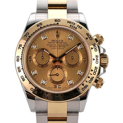 Rolex Daytona 116503 Uhr in Edelstahl und Gelbgold mit champagnerfarbenem Zifferblatt und Diamanten.