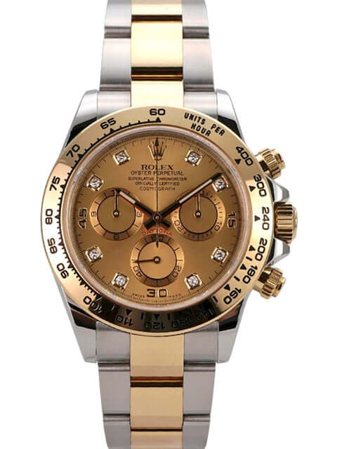 Rolex Daytona 116503 Uhr in Edelstahl und Gelbgold mit champagnerfarbenem Zifferblatt und Diamanten.