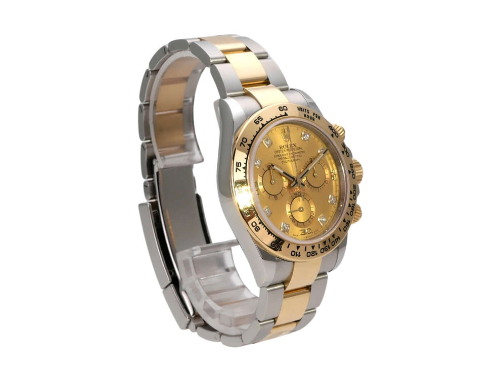 Rolex Daytona 116503 Edelstahl Gelbgold mit champagnerfarbenem Zifferblatt und Diamanten, 40 mm, Automatik-Uhr.