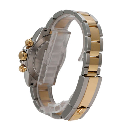 Rolex Daytona Edelstahl und Gelbgold Ref. 116503, seitliche Ansicht mit poliertem Gliederarmband und Sicherheitsfaltschließe.