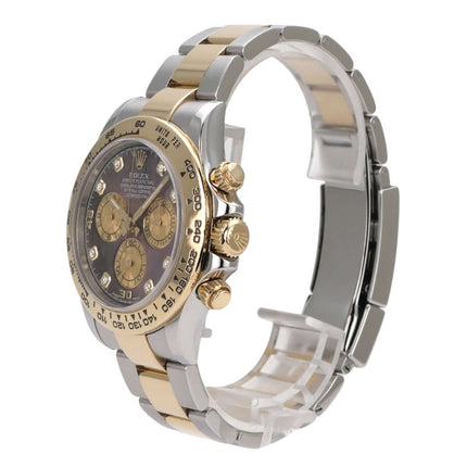 Rolex Daytona Edelstahl Gelbgold 116503 Dunkles Perlmutt Diamant – luxuriöse Cosmograph Uhr mit Diamantzifferblatt
