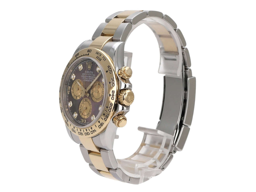 Rolex Daytona Edelstahl Gelbgold 116503 Dunkles Perlmutt Diamant – luxuriöse Cosmograph Uhr mit Diamantzifferblatt