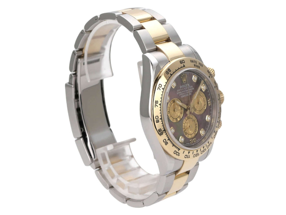 Rolex Daytona Edelstahl Gelbgold 116503 Dunkles Perlmutt Diamant, Chronograph mit goldener Lünette und Armband