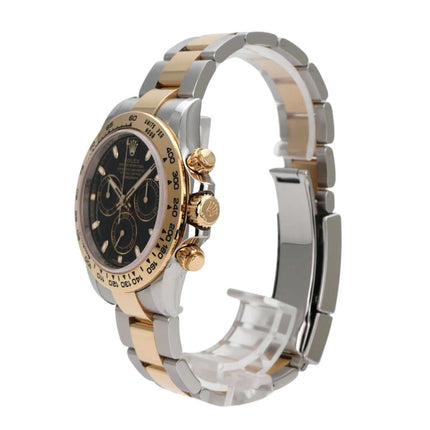 Rolex Daytona Edelstahl Gelbgold 116503 Schwarz eleganter Chronograph mit schwarzem Zifferblatt und 18 kt Gelbgold-Lünette.