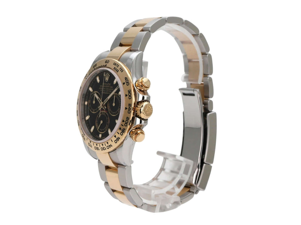 Rolex Daytona Edelstahl Gelbgold 116503 Schwarz eleganter Chronograph mit schwarzem Zifferblatt und 18 kt Gelbgold-Lünette.