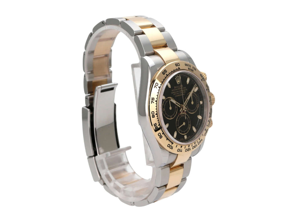 Rolex Daytona Edelstahl Gelbgold 116503 Schwarz mit schwarzem Zifferblatt und 18 kt Gelbgold-Lünette.