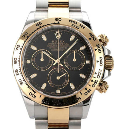 Rolex Daytona Edelstahl Gelbgold 116503 Schwarz mit schwarzem Zifferblatt und Chronographen-Funktionen.