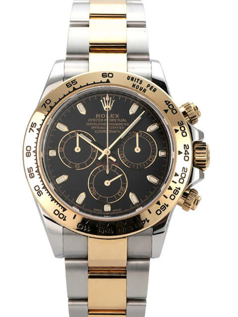 Rolex Daytona Edelstahl Gelbgold 116503 Schwarz mit schwarzem Zifferblatt und Chronographen-Funktionen.
