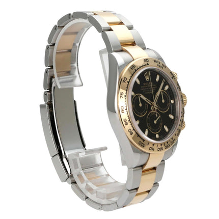 Rolex Daytona Edelstahl Gelbgold 116503 Schwarz seitliche Ansicht mit schwarzem Zifferblatt und Oyster Armband