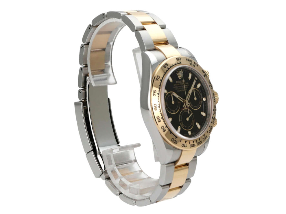 Rolex Daytona Edelstahl Gelbgold 116503 Schwarz seitliche Ansicht mit schwarzem Zifferblatt und Oyster Armband