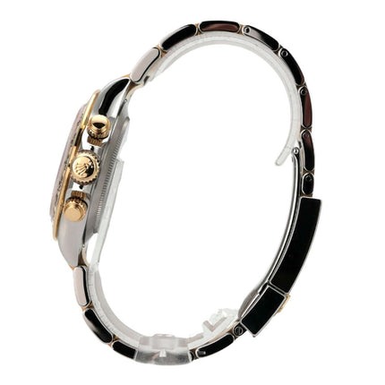 Rolex Daytona Edelstahl Gelbgold 116503 Schwarz seitliche Ansicht mit poliertem Edelstahl und Gelbgoldarmband.