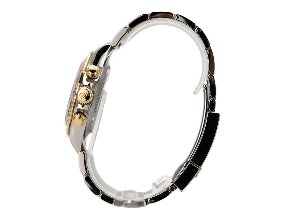 Rolex Daytona Edelstahl Gelbgold 116503 Schwarz seitliche Ansicht mit poliertem Edelstahl und Gelbgoldarmband.