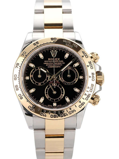 Rolex Daytona Edelstahl Gelbgold 116503 mit schwarzem Zifferblatt und Chronografen, elegantes Design, Automatik-Uhr.