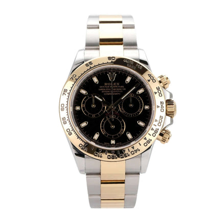 Rolex Daytona 116503 Edelstahl Gelbgold mit schwarzem Zifferblatt und Tachymeterskala, sportliche Eleganz.
