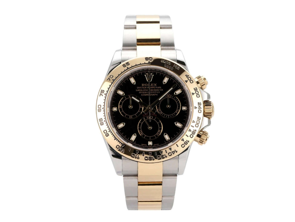 Rolex Daytona 116503 Edelstahl Gelbgold mit schwarzem Zifferblatt und Tachymeterskala, sportliche Eleganz.