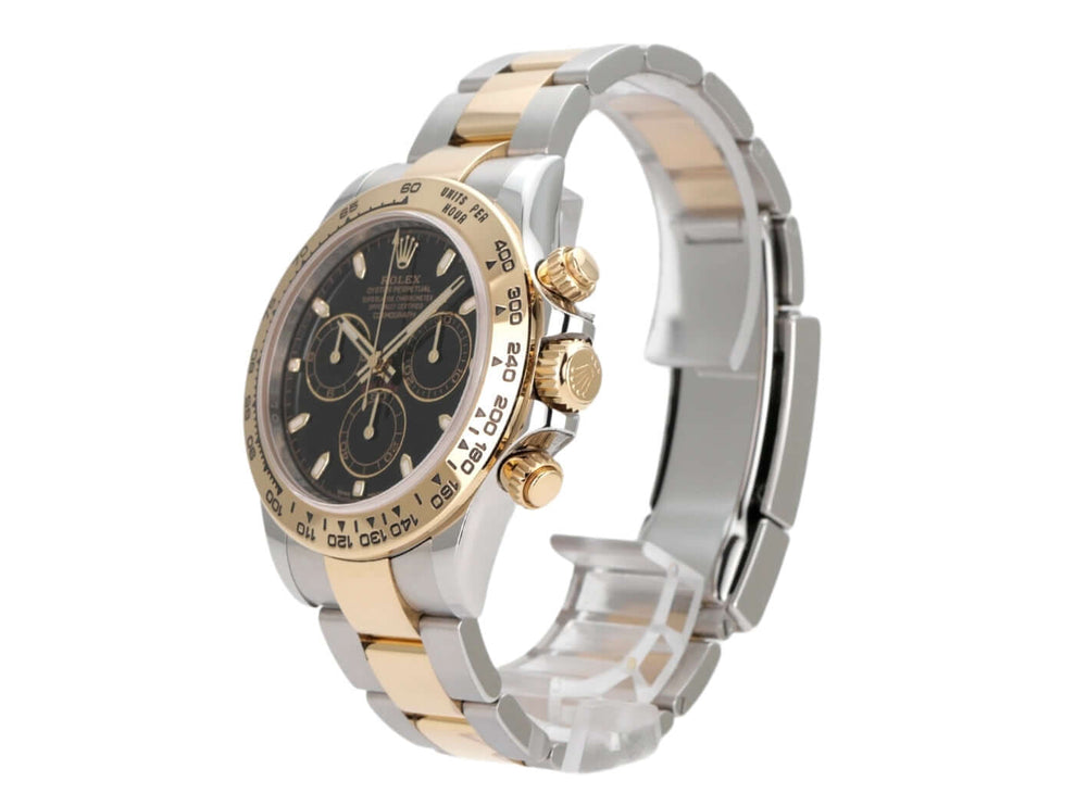Rolex Daytona Edelstahl Gelbgold 116503 Schwarz mit schwarzem Zifferblatt und goldener Lünette, chronographische Uhr.