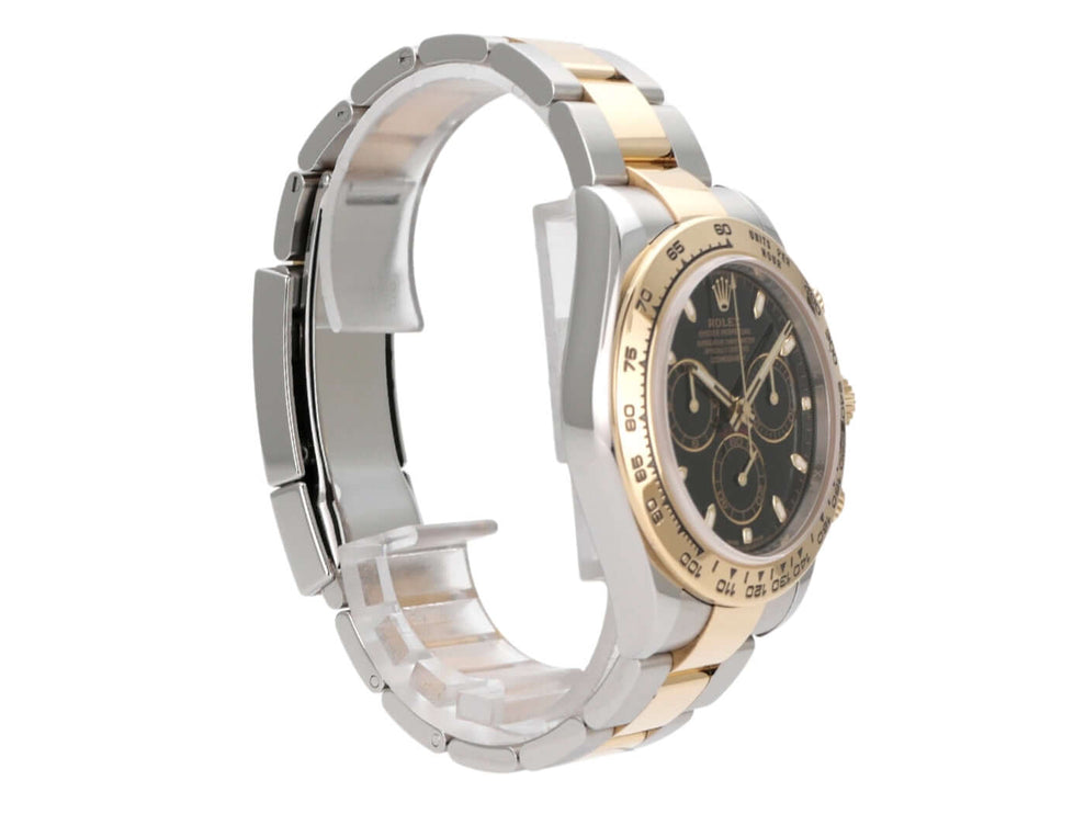 Rolex Daytona 116503 Edelstahl Gelbgold seitliche Ansicht mit schwarzem Zifferblatt und Tachymeterskala.