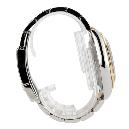 Seitenansicht der Rolex Daytona Edelstahl Gelbgold 116503 mit schwarzem Zifferblatt und Sicherheitsfaltschließe.