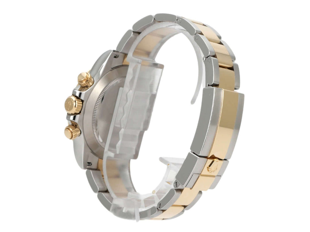 Seitenansicht der Rolex Daytona Edelstahl Gelbgold 116503 mit poliertem Armband in Gelbgold und Edelstahl.
