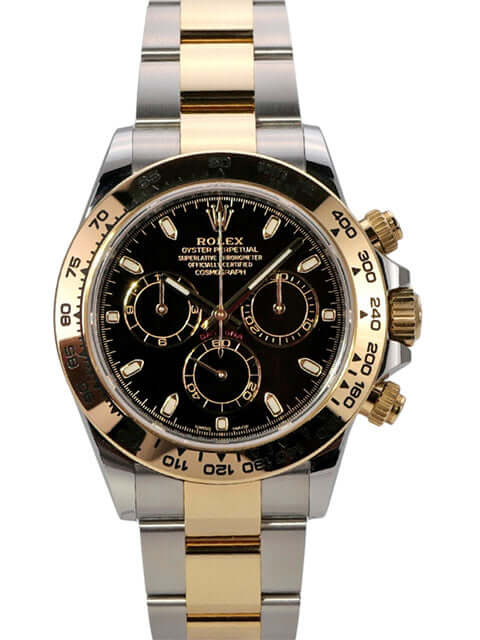Rolex Daytona 116503 in Edelstahl und Gelbgold, 40 mm Gehäuse, schwarzes Zifferblatt, Chronometer mit Automatik.