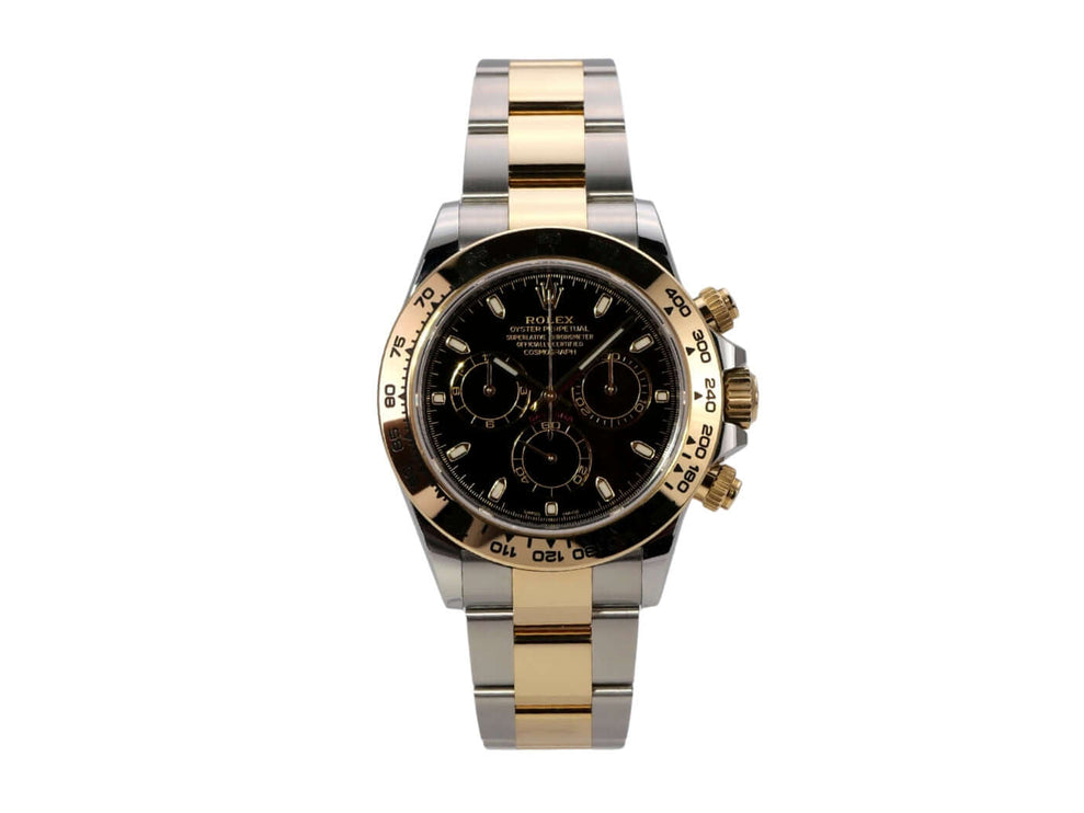 Rolex Daytona Edelstahl Gelbgold 116503 mit schwarzem Zifferblatt und automatischem Uhrwerk.