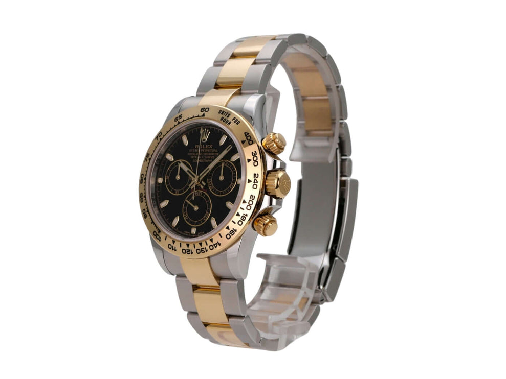 Rolex Daytona Edelstahl Gelbgold 116503 mit schwarzem Zifferblatt und Tachymeterskala, 40 mm Gehäuse.