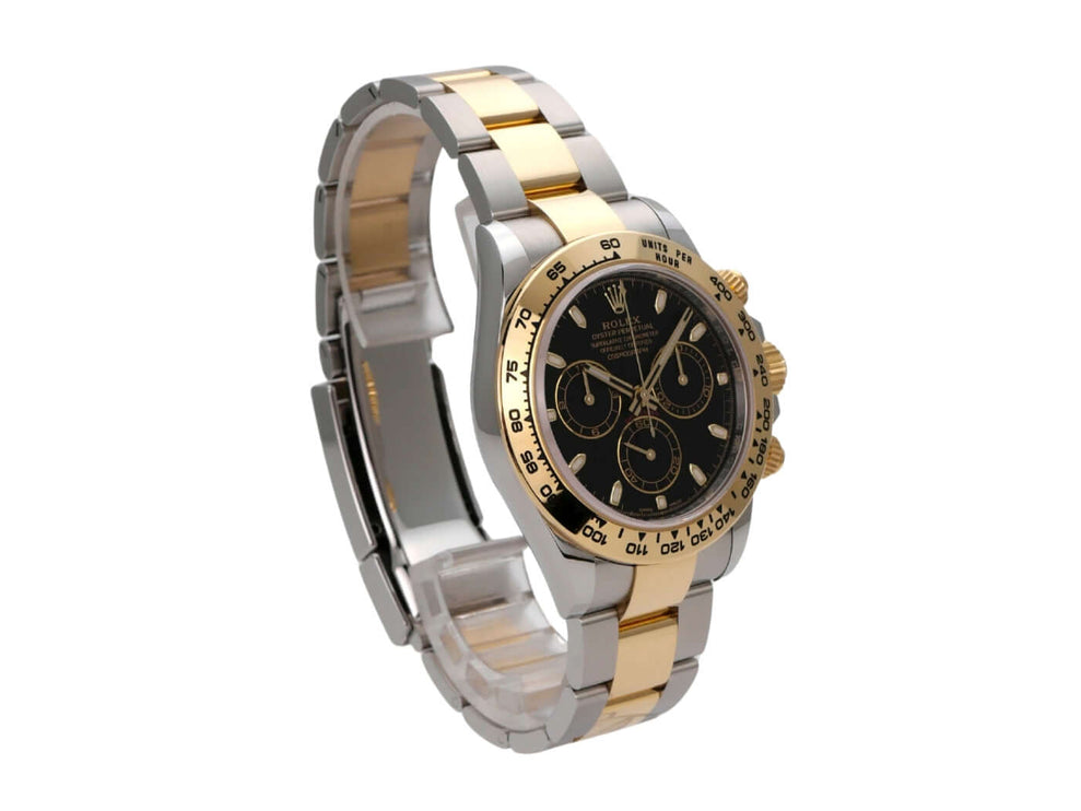 Rolex Daytona 116503 Uhr aus Edelstahl und Gelbgold mit schwarzem Zifferblatt und Tachymeterskala.