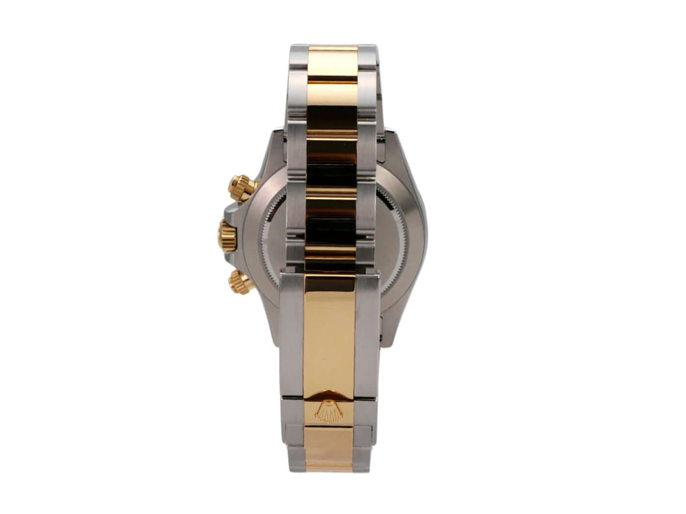 Seitenansicht der Rolex Daytona Edelstahl Gelbgold 116503 mit poliertem Armband und Sicherheitsfaltschließe.