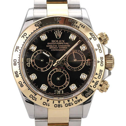Rolex Daytona Edelstahl Gelbgold 116503 Schwarz Diamant mit schwarzem Zifferblatt und Diamanten.