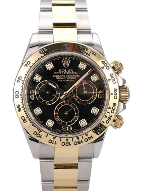 Rolex Daytona Edelstahl Gelbgold 116503 Schwarz Diamant mit schwarzem Zifferblatt und Diamanten.