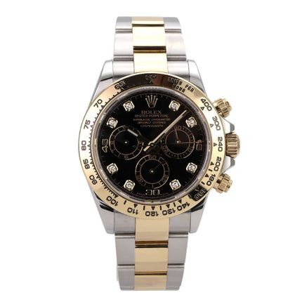 Rolex Daytona Edelstahl Gelbgold 116503 Schwarz Diamant Uhr mit schwarzem Zifferblatt und Diamanten