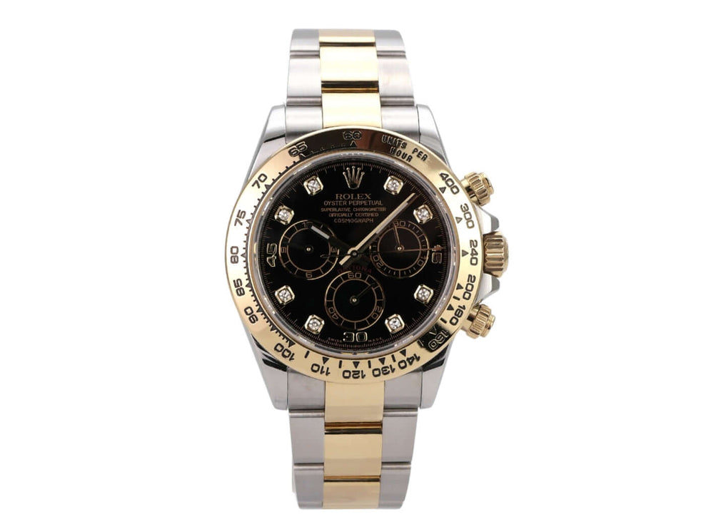 Rolex Daytona Edelstahl Gelbgold 116503 Schwarz Diamant Uhr mit schwarzem Zifferblatt und Diamanten