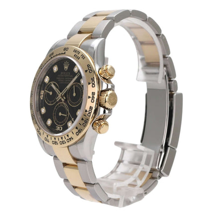 Rolex Daytona Edelstahl Gelbgold 116503 Schwarz Diamant, seitliche Ansicht, schwarzes Diamantzifferblatt, Edelstahl-Gehäuse.