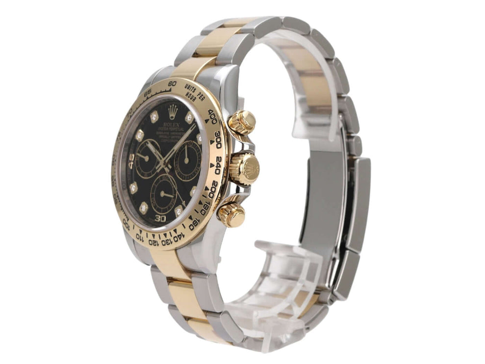 Rolex Daytona Edelstahl Gelbgold 116503 Schwarz Diamant, seitliche Ansicht, schwarzes Diamantzifferblatt, Edelstahl-Gehäuse.