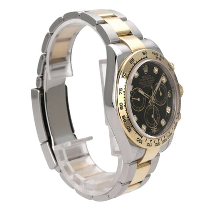 Rolex Daytona Edelstahl Gelbgold 116503 Schwarz Diamant, seitliche Ansicht der eleganten Uhr mit edlem Zifferblatt.