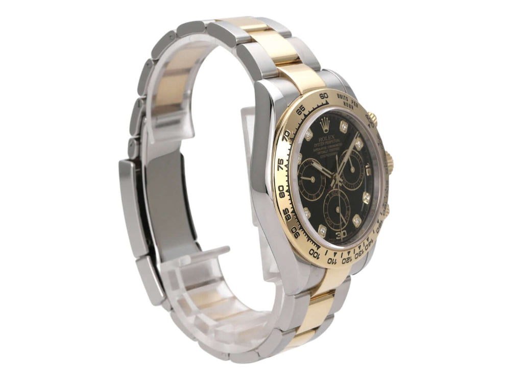 Rolex Daytona Edelstahl Gelbgold 116503 Schwarz Diamant, seitliche Ansicht der eleganten Uhr mit edlem Zifferblatt.