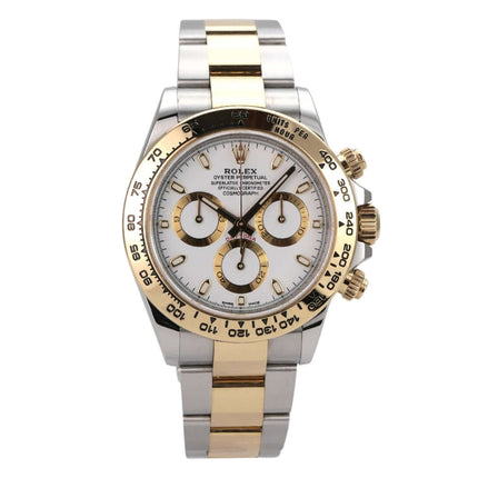 Rolex Daytona Edelstahl Gelbgold 116503 Weiss mit weißem Zifferblatt und goldener Lünette.